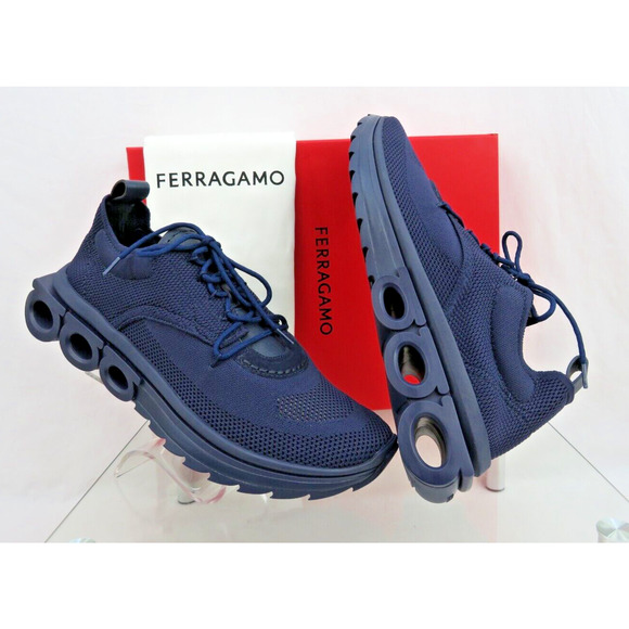 $1K NIB FERRAGAMO DARK BLUE NIMA LEATHER MESH LOGO LOW SNEAKERS US 12 45 ITALY - Picture 1 of 16